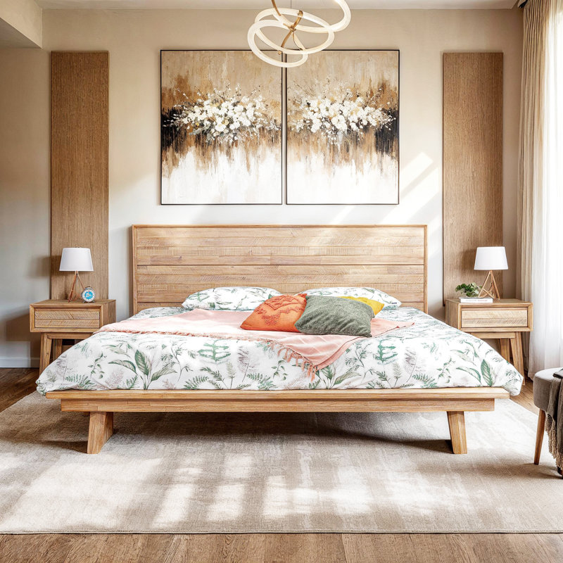Camiah Acacia Wood Panel Bed, Beige, King