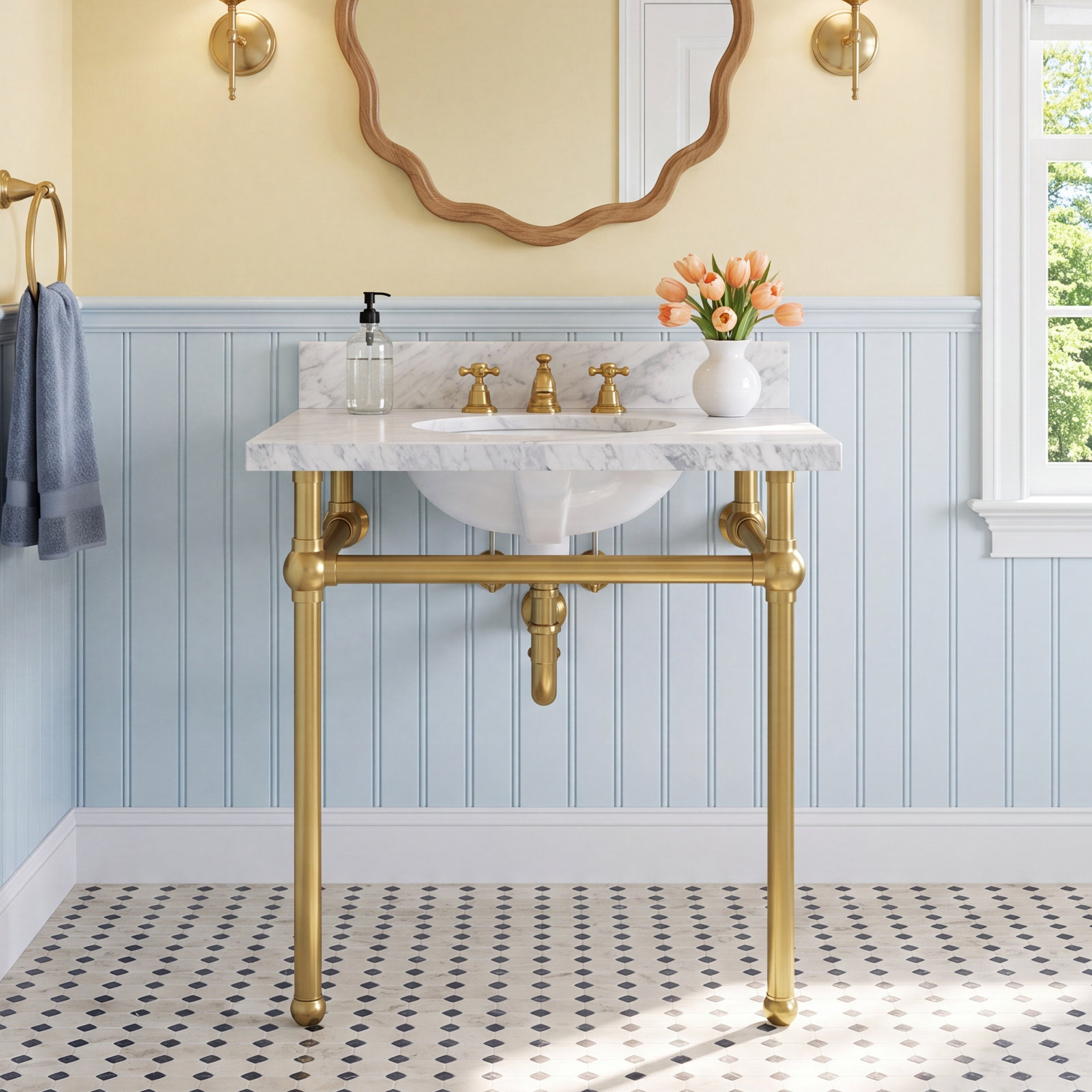 Templeton 30" Vanity Top Console Sink, Carrara Marble/Satin Brass
