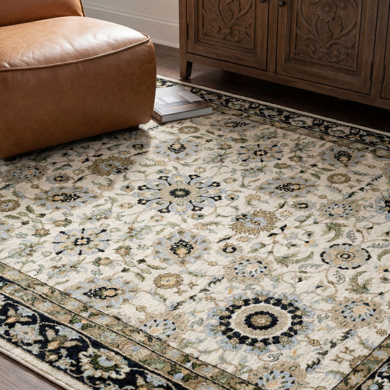 Tapis Xadyn traditionnel à bordure et franges, à poils denses, Multicolore / ivoire, Rectangle 9 pi 10 po x 12 pi 10 po