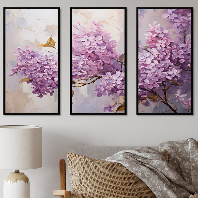 Pastel Lilac Dreams VI - Lilas, ensemble d'art mural sur toile, Cadre flottant noir, H 40 po x l 60 po x P 1 po