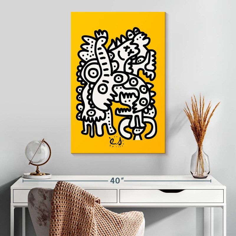 Ashelle graffiti noir et blanc sur fond jaune, H 30 po x l 20 po