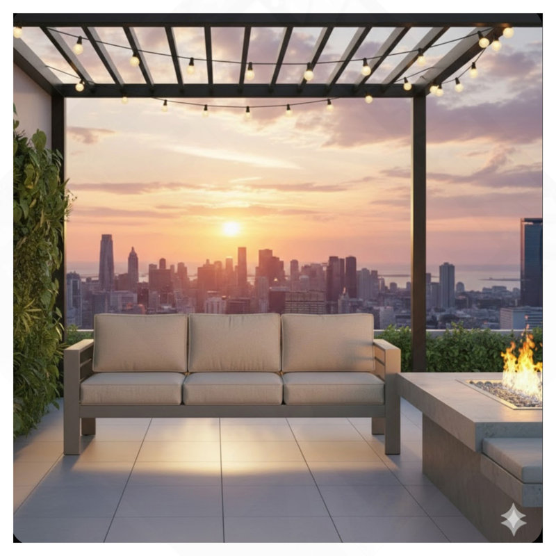 75" All-Weather Metal 3-Seat Patio Sofa Couch With Thick Beige Cushions & Khaki Frame, Beige Cushion/Khaki Frame