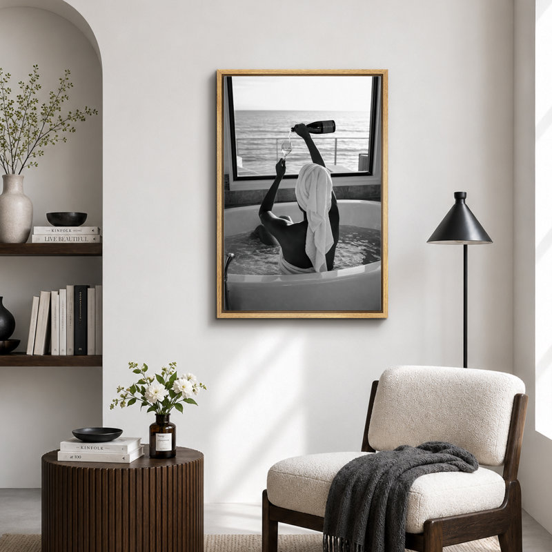 «Black and White Tub Wine Ocean View», images de salle de bain, impression sur toile encadrée, impression numérique
