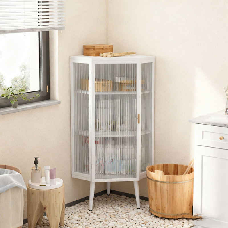 22.25'' Floor Coner Cabinet with Tempered Glass Doors and Storage Shelves, White