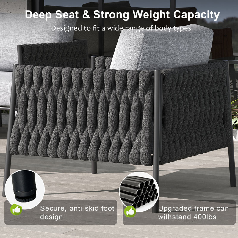 4 Piece Outdoor Furniture Set with Coffee Table, Modern Rope Woven Patio Conversation Sofa Set with Olefin Braid and Deep Seating