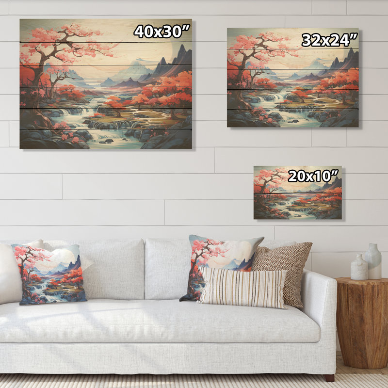 Paysage japonais à l'encre liquide au Japon - Montagnes, art sur bois de pin naturel, H 24 po x l 32 po