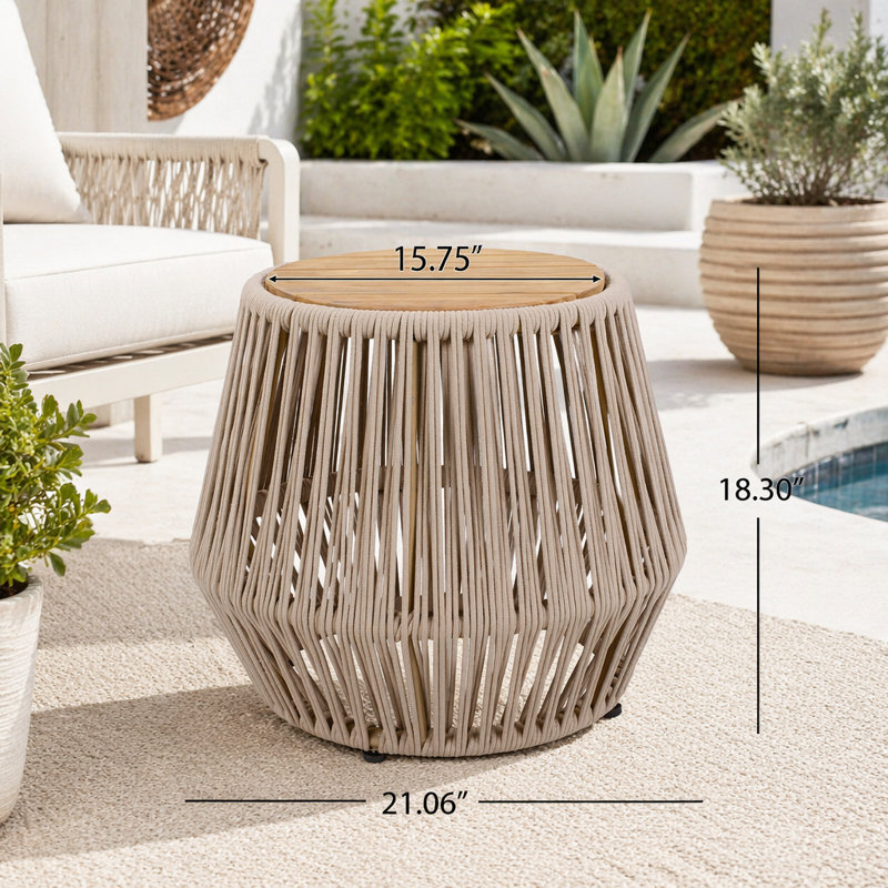 Table d'appoint en bois d'acacia avec base en corde beige, Beige,Light Teak