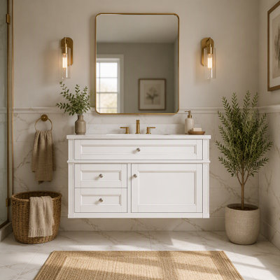 36'' Wall Mounted Bathroom Vanity, Floating Bathroom Storage Cabinet with 2 Drawers, 1 Tip-out Drawer, 3 Holes Single Ceramic Sink, Modern Cabinet