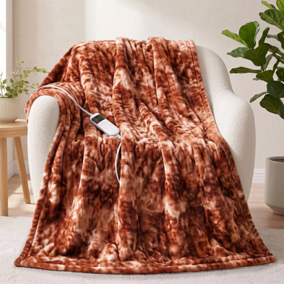PFASDFW Heated Throw Blanket, Electric Throw Blanket with Faux Fur and Sherpa, 10 Heat Settings, 8-Hour Auto Shut-Off, Overheat Protection, Machine Washable, Tie-Dye, Brown, 50" x 60"
