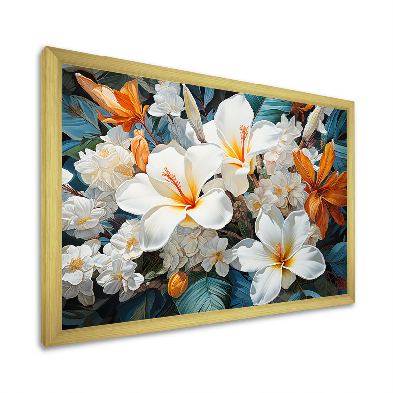 Fleur de plumeria beige et blanche, H 24 po x l 32 po x P 1 po, Cadre doré simple