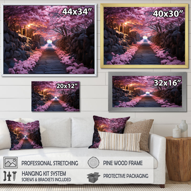 " Pink Tranquil Flowers Twilight " Mixed Media and Color Photography Print, 30" H x 40" W x 1.5" D, Wrapped Canvas
