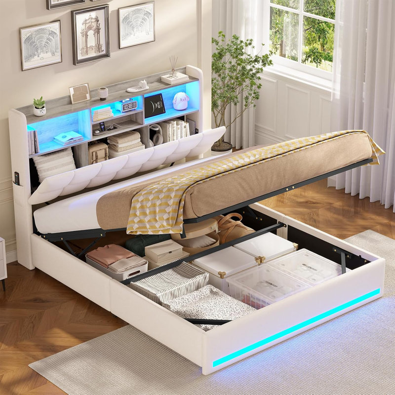 Upholstered Bed with Ottoman Under-bed Storage and Charging Station, Beige, Kingsize (5')