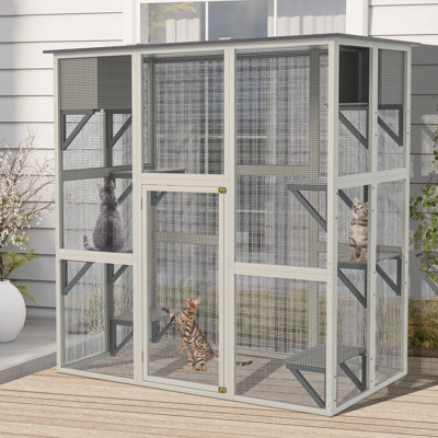 Catio d'extérieur en bois pour chats, grande enceinte pour chat avec toit résistant aux intempéries, 6 plateformes et 2 boîtes de sieste, maisonnette en bois massif pour patio ou cour arrière