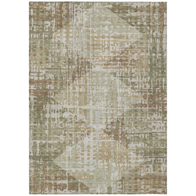 8' X 10' Fern Green And Beige Geometric Washable Indoor Outdoor Area Rug