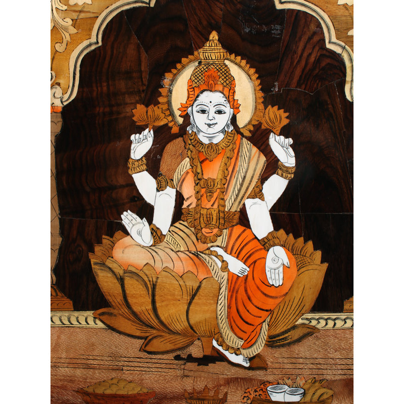 25 po Déesse Dhan Lakshmi couleur naturelle sur panneau de bois avec incrustation