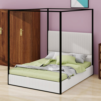 Cadre de lit à baldaquin en métal élégant, design moderne et luxueux à quatre colonnes avec haute tête de lit rembourrée