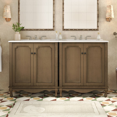 Ensemble de meuble-lavabo double 60 po, armoire de salle de bain rétro avec deux lavabos en céramique séparés et boutons antiques, armoire de rangement avec pieds en bois d'hévéa et tablettes réglables, brun antique