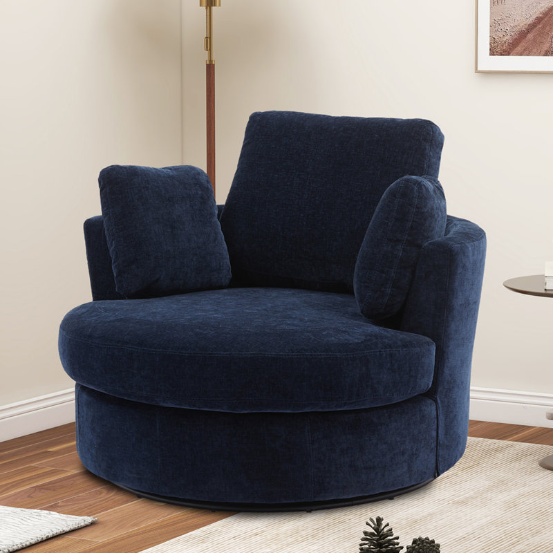 Achorn 42" W Recessed Arm Slipcovered Swivel Barrel Chair, Navy Chenille 1