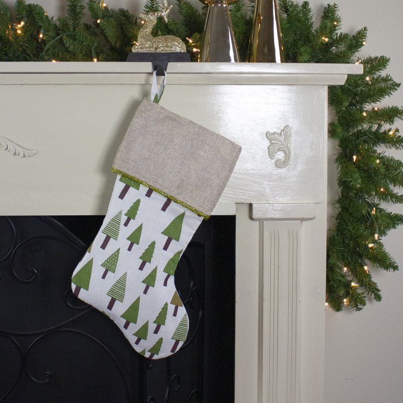Chaussette de Noël 18,5 po verte et blanche avec manchette en lin