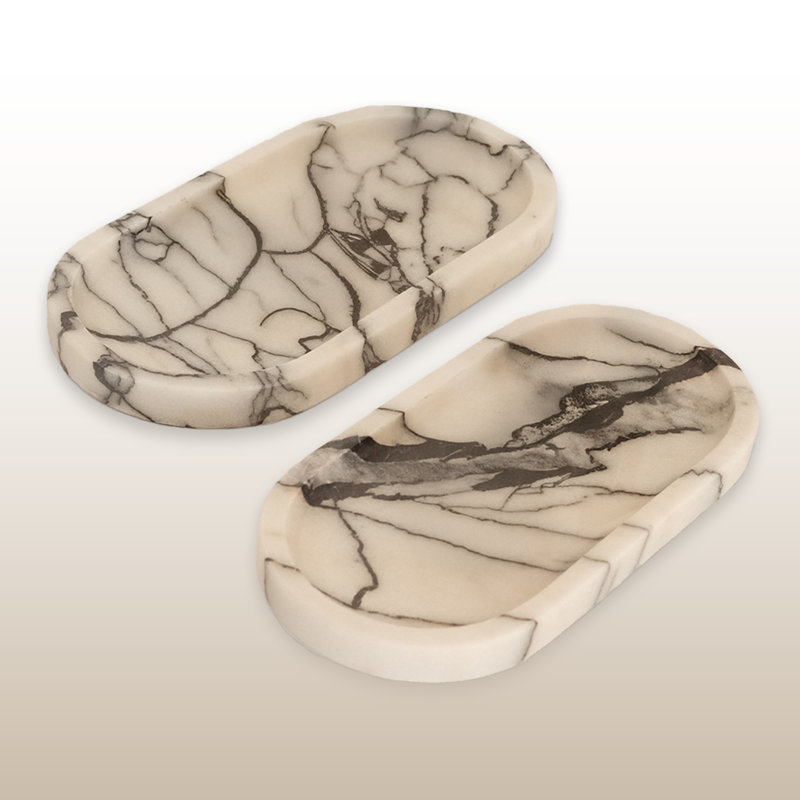 Ensemble de 2 plateaux de salle de bain ovales 100% marbre 2 pièces, Blanc