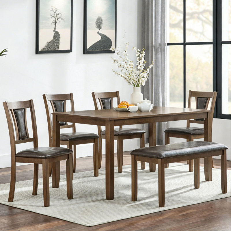 Ensemble de table de salle à manger 6 pièces avec banc et chaises, ensemble de table à manger en bois pour 6 personnes, ensemble de table de salle à manger de style rustique pour 6 personnes Farmhouse