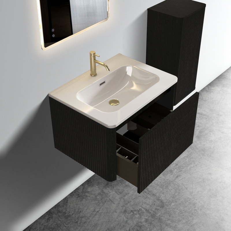 Meuble-lavabo moderne 24 po - Chêne noir brossé rayé, lavabo blanc brillant