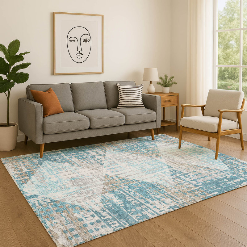 Premium Machine Washable Mayfield AMF2116 Geometric Rug, Teal, 2'6" x 3'10"