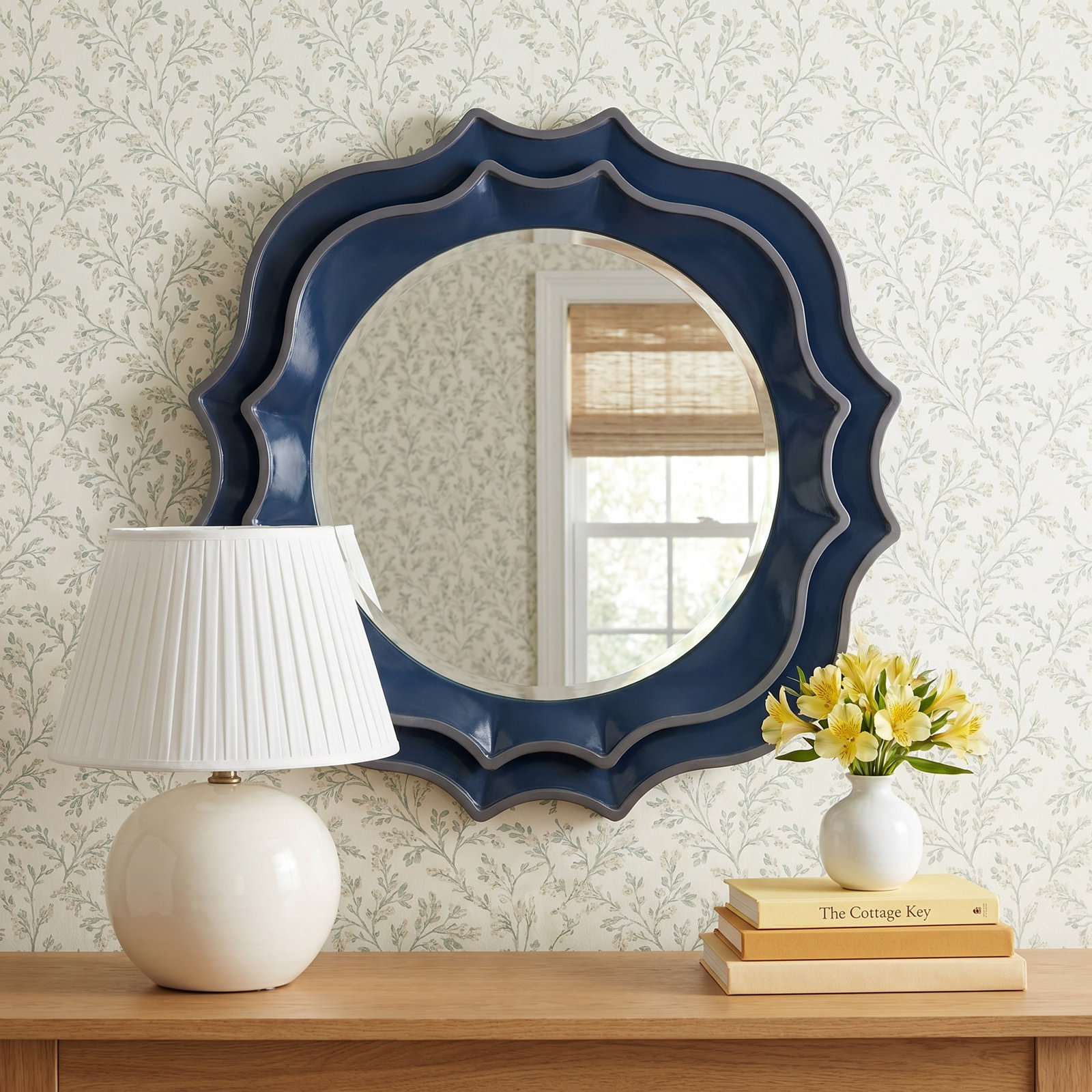 38" Round Scalloped Accent Mirror, Navy