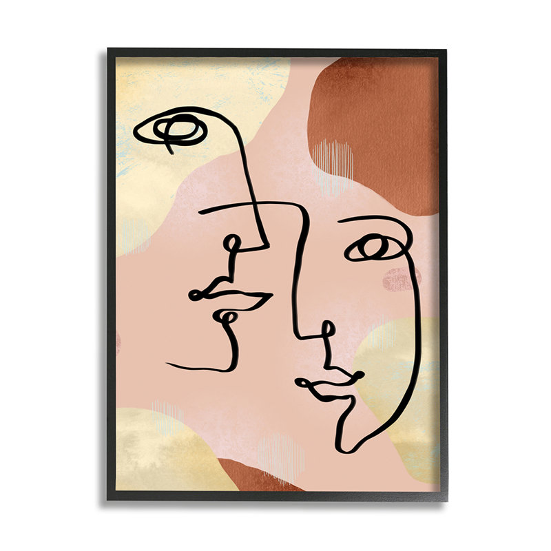 «Mixed faces», dessin au trait abstrait, brun et jaune par Ziwei Li - impression, H 20 po x l 16 po x 1,5 po
