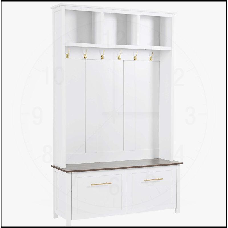 Versatile 4-in-1 Hall Tree with 6 Hooks, Wood Grain Bench, and Multiple Storage Options for Entryway Organization, White, 76.6''H