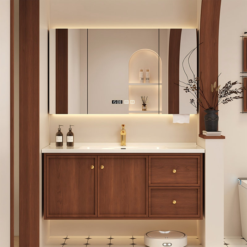 Meuble-lavabo mural en bois d'hévéa avec lavabo en céramique intégré et armoire à pharmacie intelligente
