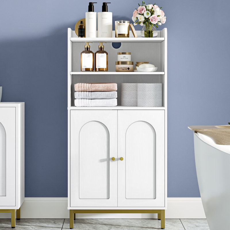 Bathroom Storage Cabinet, Slim Bathroom Floor Cabinet with 2 Door and Adjustable Shelf, Wooden Freestanding Storage Unit for Dining Kitchen Living Room, White 