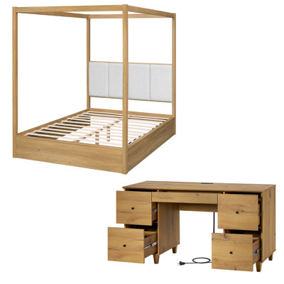 2 Pieces Bedroom Furniture Set, Queen Size Solid Wood Canopy Bed And 58" Vanity Desk With Drawers And Charging Station