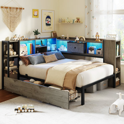 Twin Size Corner Bed Frame With Storage Drawers & Bookcase, Daybed With Charging Station & Led Lights