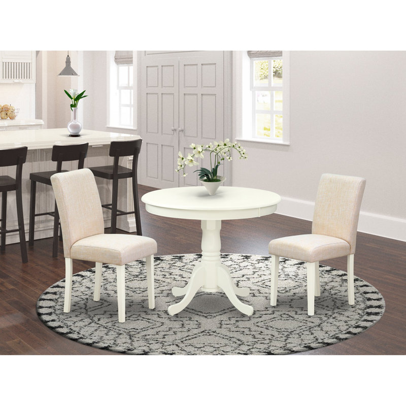 Ensemble de coin repas 3 pièces pour petits espaces comprenant une table de cuisine ronde avec piédestal et 2 chaises Parson en tissu de lin beige clair, lin blanc