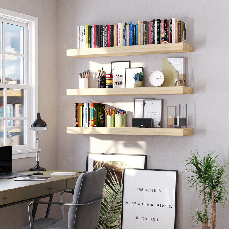 Hidden Bracket Shelf, Floating Bookshelf For Wall Decor, Living Room And Office, 2.5" Thick, 1pc, Natural