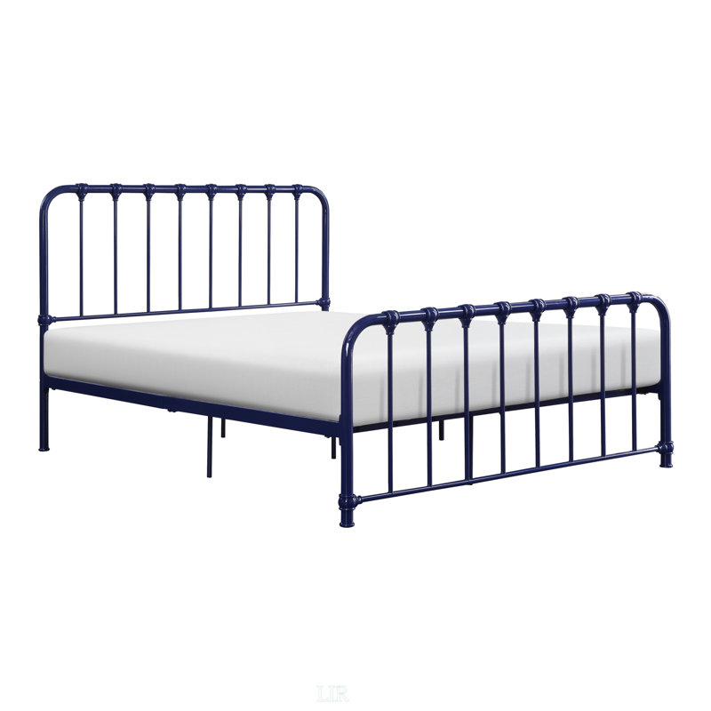 Élégant grand lit plateforme en métal bleu, facile à assembler et sans sommier, livraison compacte, Bleu, Grand lit