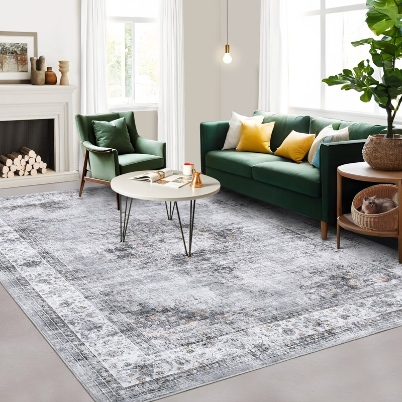 Machine Washable Rugs Oriental Floral Non-Slip Low Pile Rubber Backing Area Rug for Living Room Bedroom Kitchen Dining Room