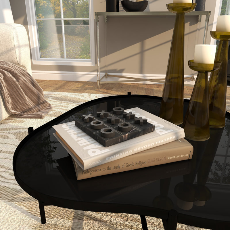Gonet Marble Tic Tac Toe Decor Black Game Set with Silver Inlay