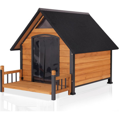 Outdoor Dog House with Metal Frame and Porch, Weatherproof Asphalt Roof, Raised Floor, and PVC Door Flap, Durable Shelter for Medium to Large Dogs