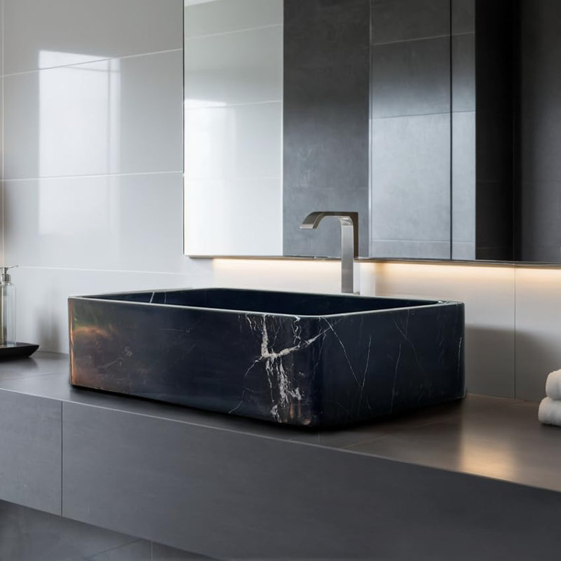 Marble Rectangular Sink - Premium Handcrafted Bathroom Vessel, Black