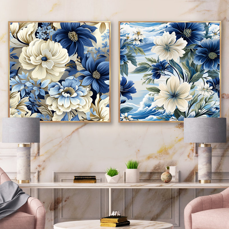 Abigael - Ensemble de 2 collages carrés floraux, Cadre flottant doré, H 36 po x l 73 po