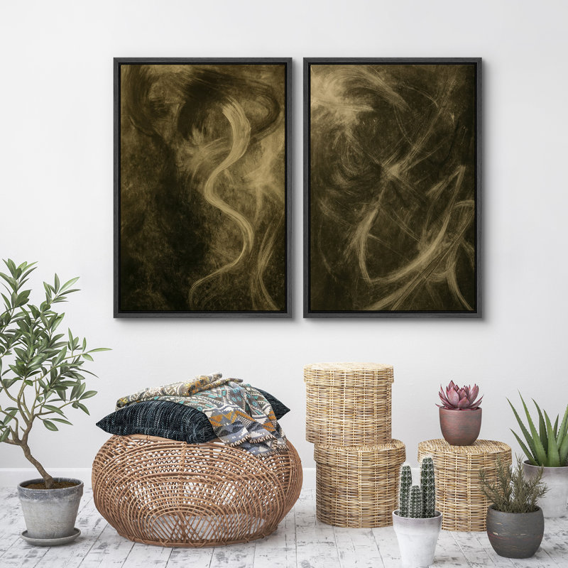 Art mural abstrait, ensemble de 2 reproductions d'art encadrées sur toile, H 24 po x l 32 po, Noir