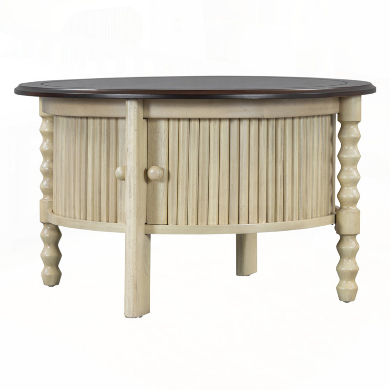 Round Coffee Table with Storage for Living Room, Beige/Espresso