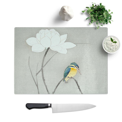 Glass Kingfisher With Lotus Flower by Ohara Koson Chopping Board