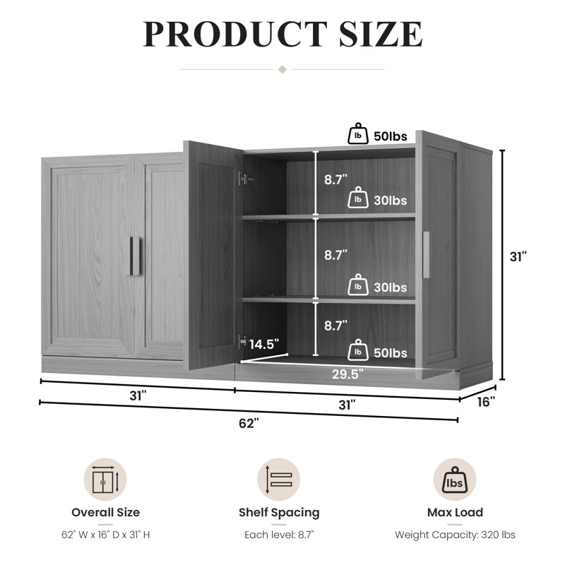 Armoire de rangement moderne à 4 portes avec tablettes réglables 62 po Modern, Chêne naturel, L 62 po x H 31 po
