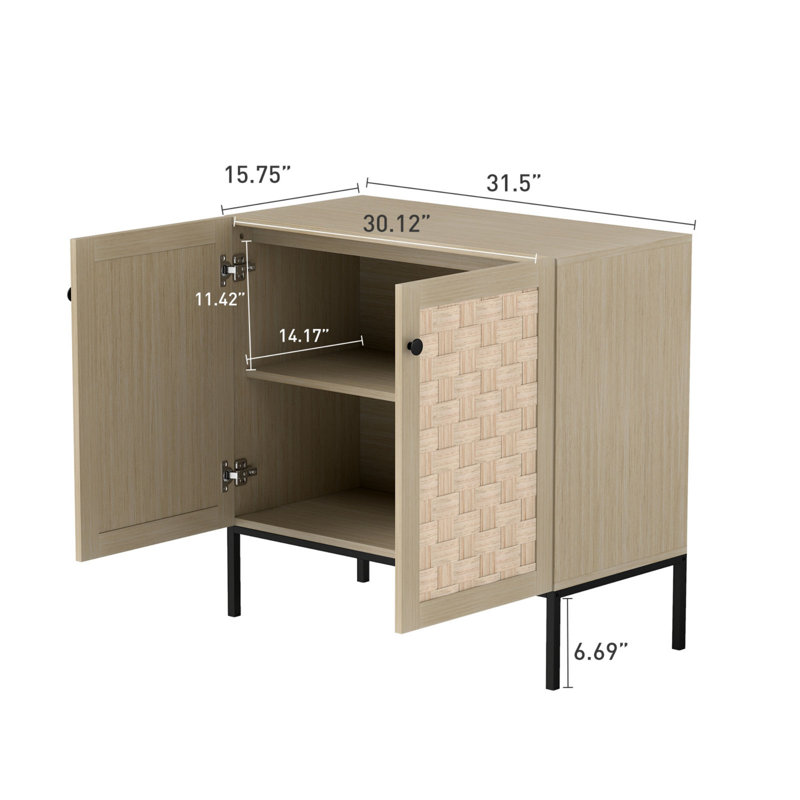 31.49'' Wide Modern 4-Door Rattan Storage Sideboard Cabinet with Black Metal Legs, Natural Finish