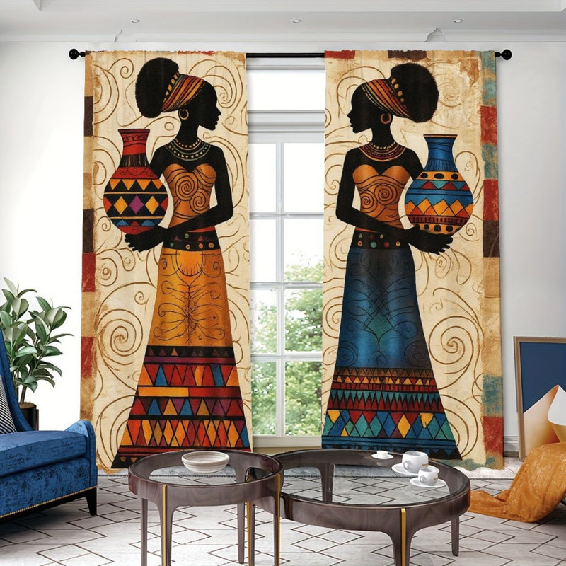 2Pcs African Style Pattern Curtains, Beige Swirl Design with Vase Pattern, Rod Pocket Light Filtering, Artistic Style, All-Season For Living Room Bedroom Window Decor