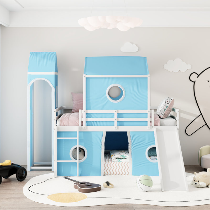 Lit simple mezzanine bleu avec glissade, tente rose et tour
