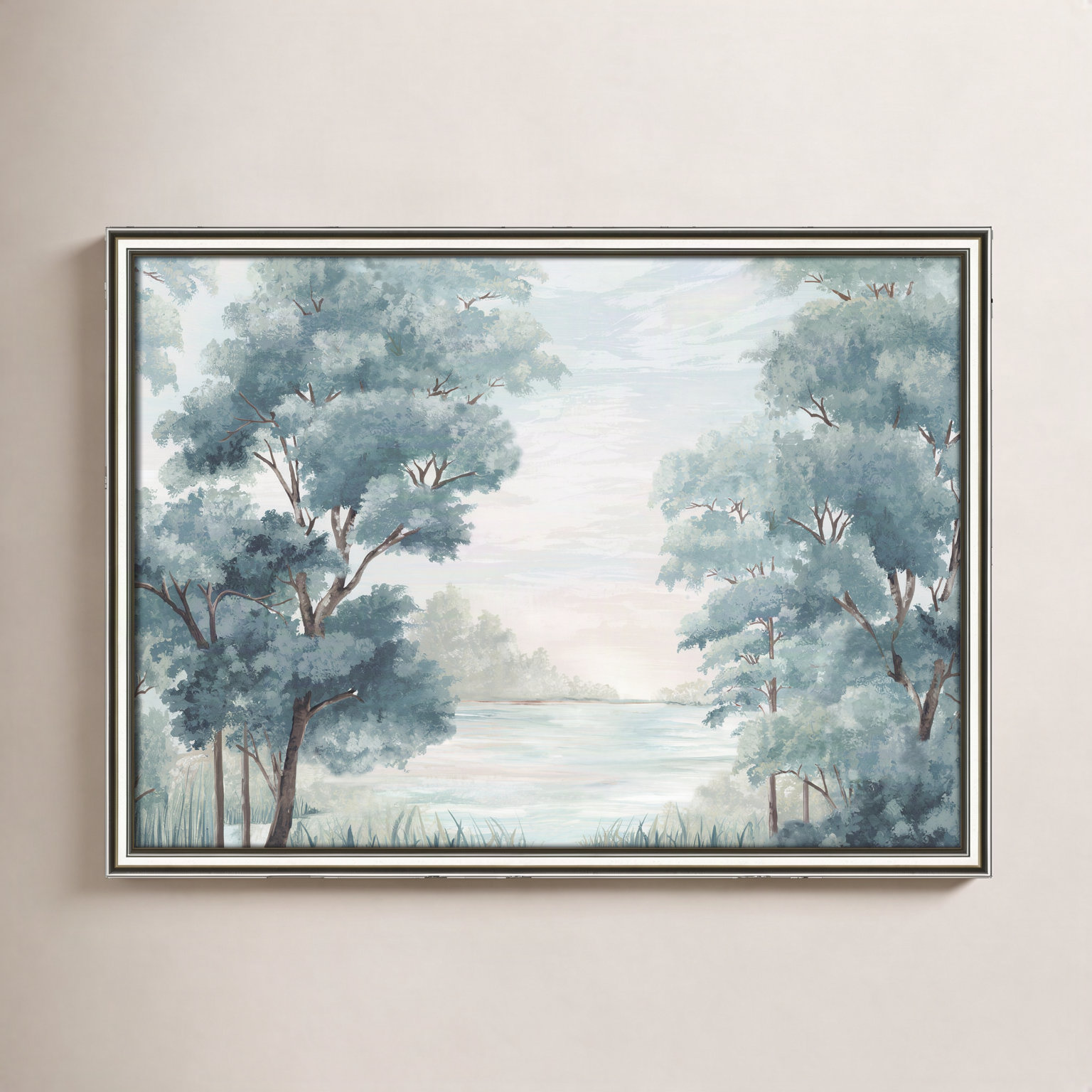 LeeRoy "Calm Forest River" Painting, Silver Framed, 18.25" H x 24.25" W x 0.87" D